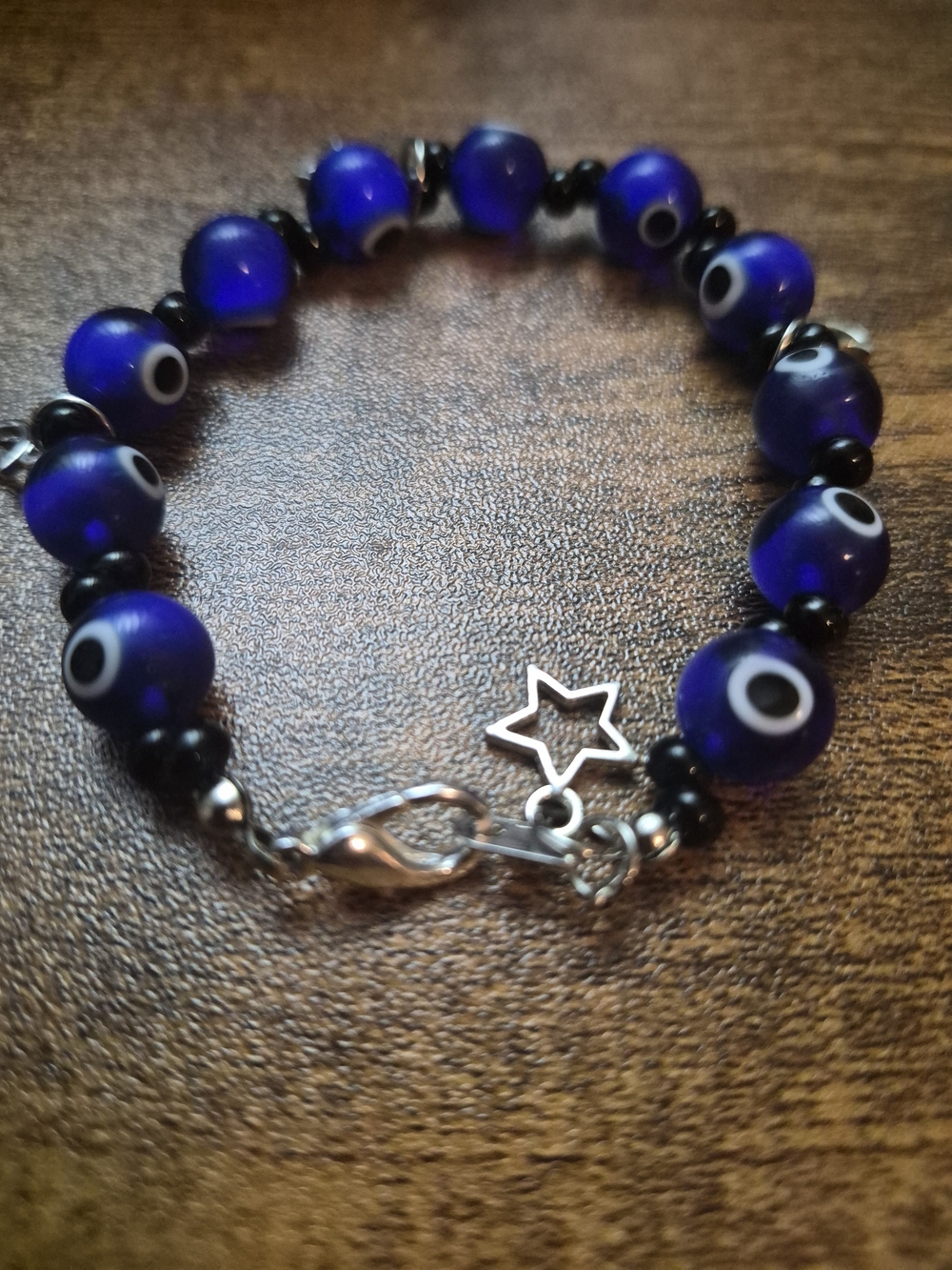 Blue Evil Eye Bead Bracelet with Star Moon Charm